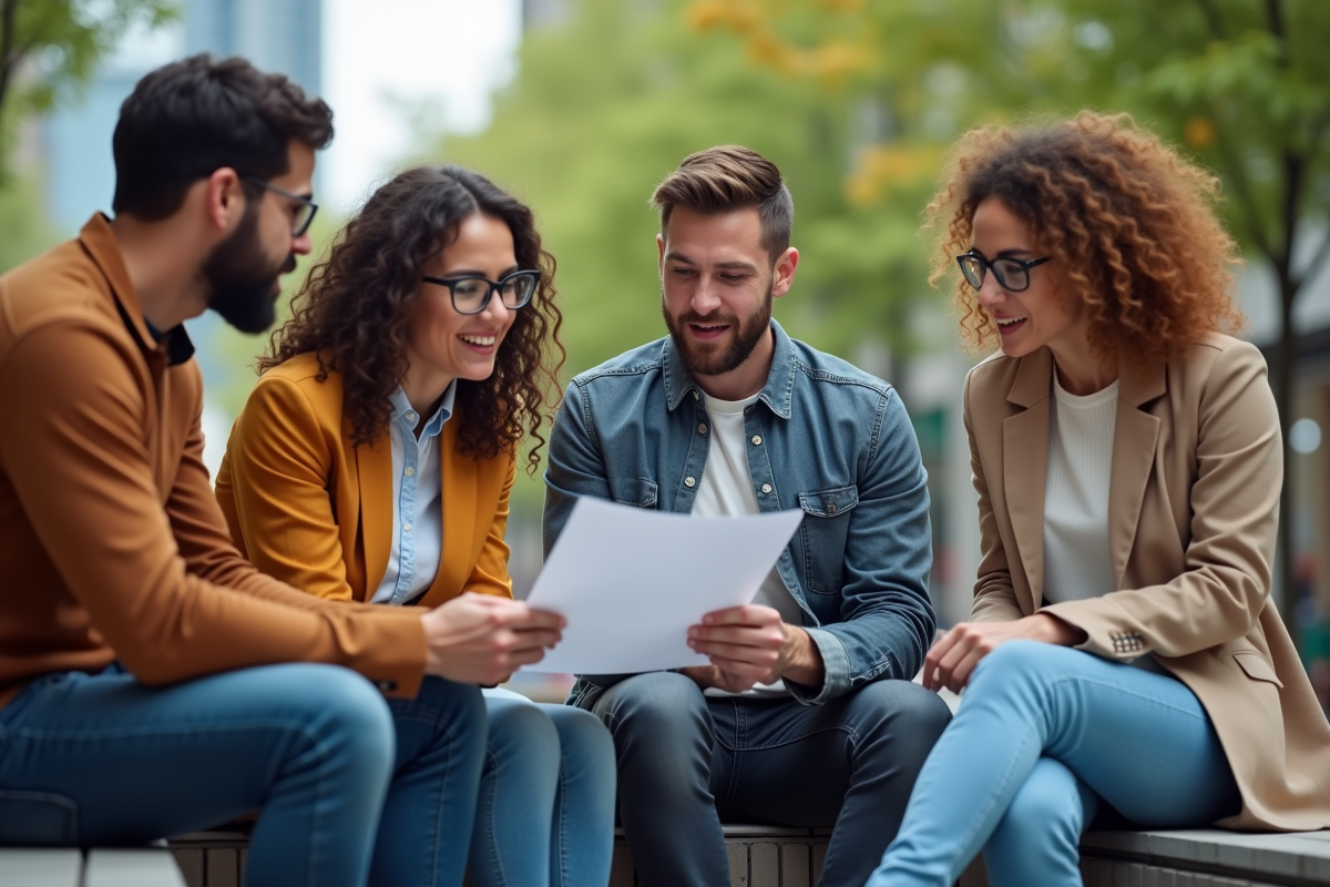 Groupe diversifié discutant autour d un flyer en plein air en ville