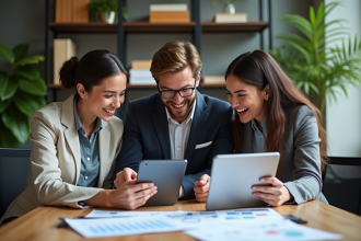 Groupe de jeunes professionnels en réunion dans un bureau moderne