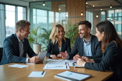 Quatre professionnels en réunion dans un bureau moderne