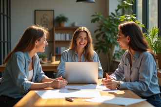 Trois adultes discutent dans un espace de coworking lumineux