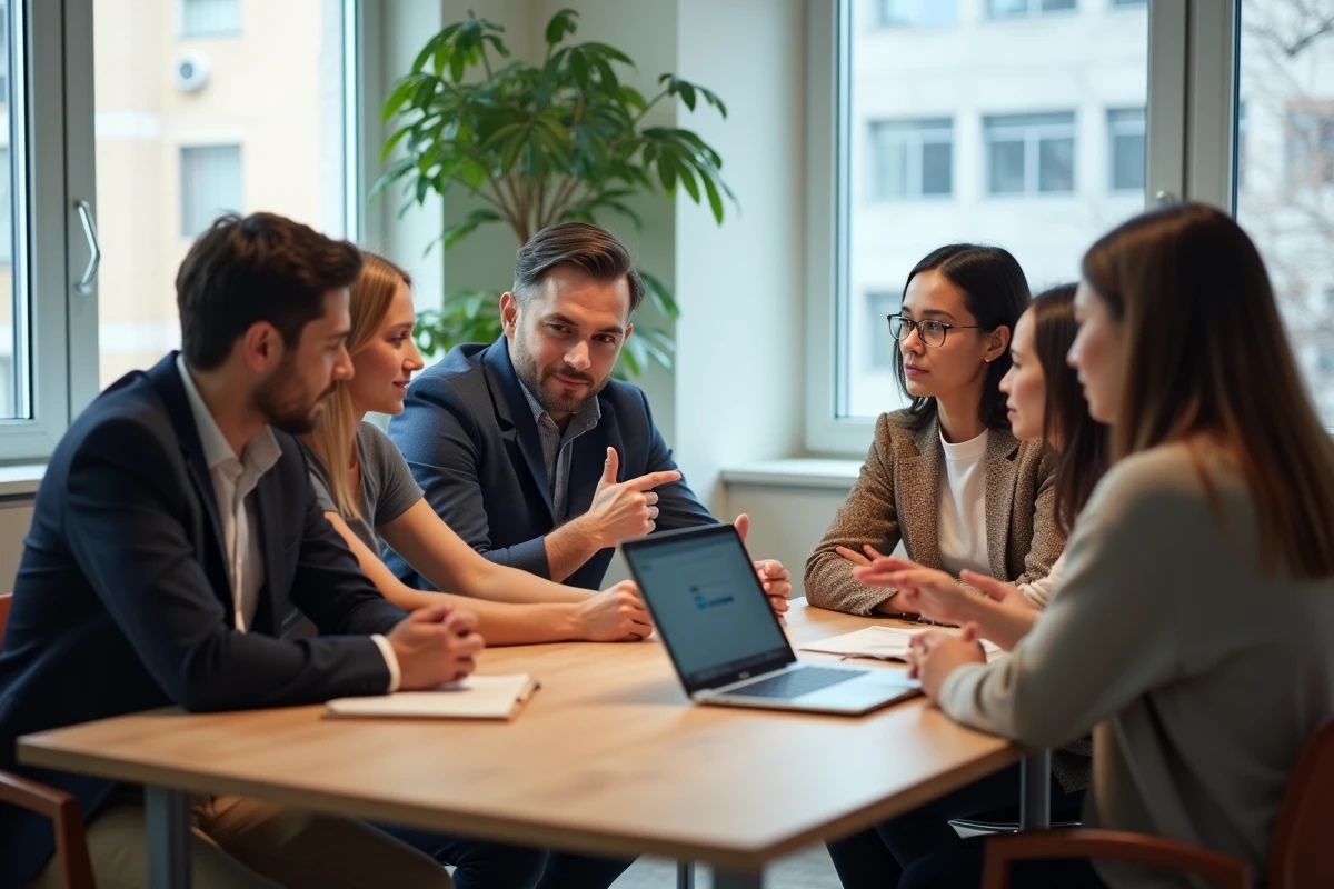 Groupe diversifié de collègues autour d un ordinateur en réunion