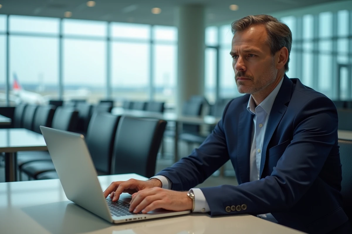 Homme d'affaires concentré dans un lounge aéroport moderne