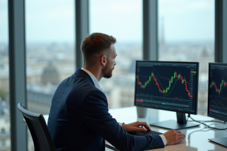 Jeune homme d'affaires à Paris étudie des graphiques financiers