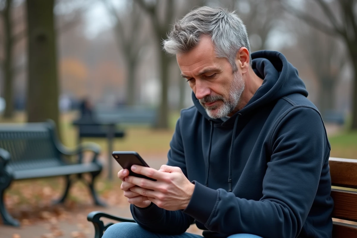 Homme donnant son avis sur BKvousecoute.fr depuis son téléphone dans un parc urbain