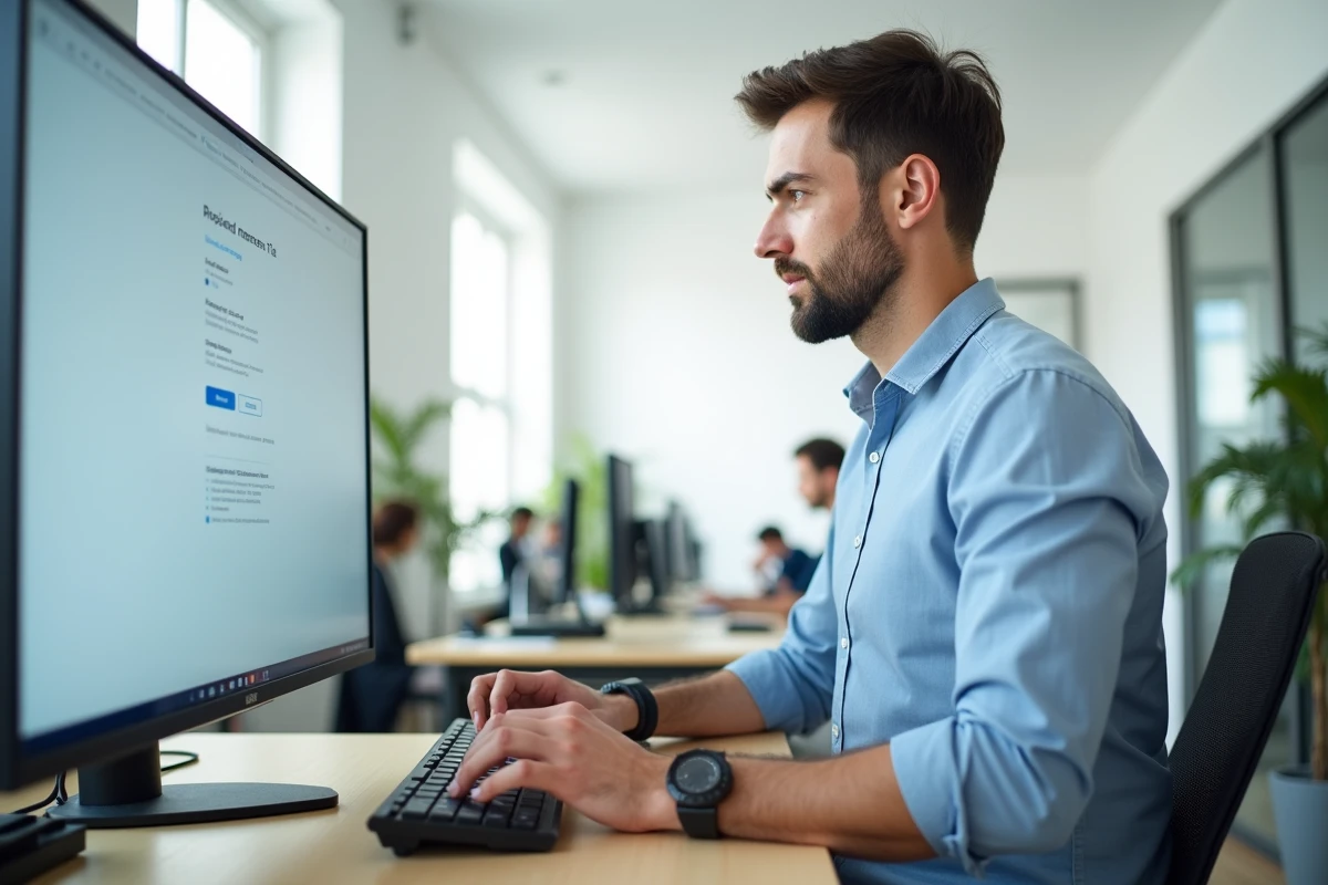 Homme en bureau professionnel cherchant à récupérer l'accès à son compte en ligne via un formulaire de réinitialisation