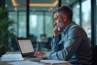 Homme d affaires au bureau face à un message d erreur