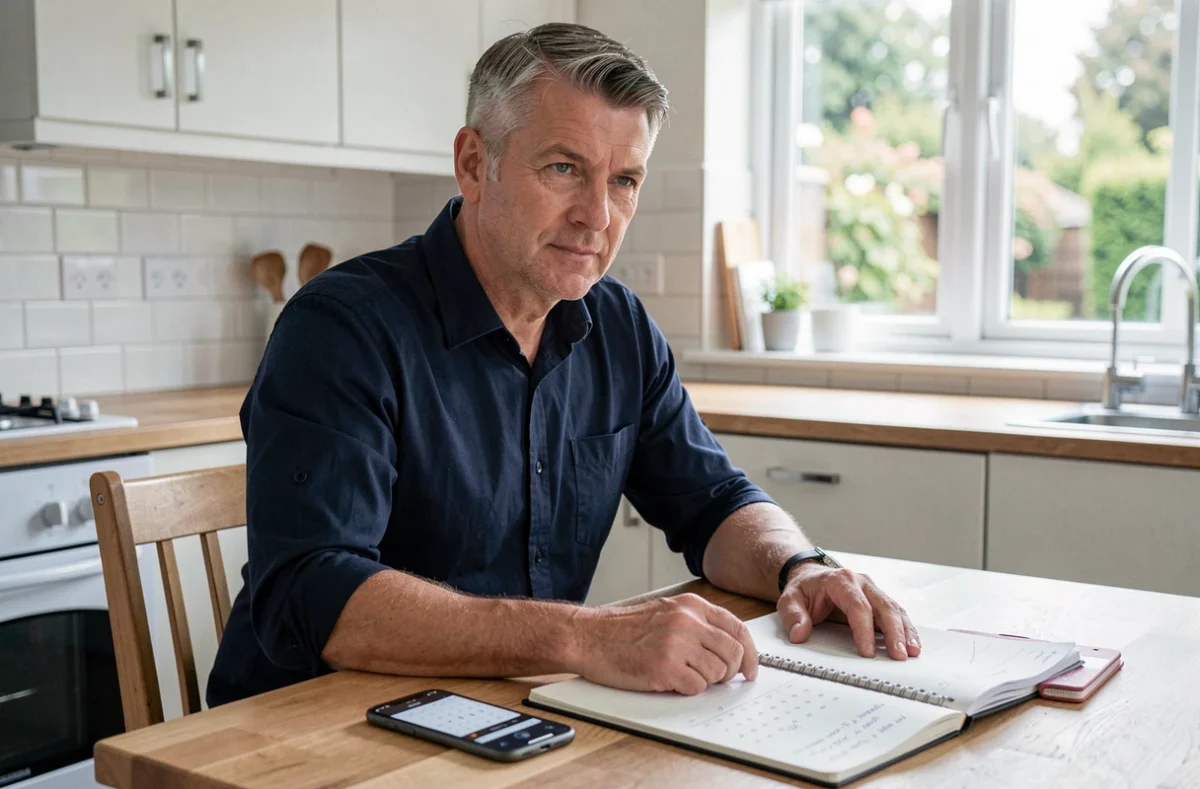 Homme calculant le nombre de jours travaillés dans l'année avec un calendrier papier et un smartphone à la maison