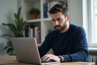 Homme consultant le wiki Stellantis sur un ordinateur portable dans un bureau moderne pour suivre l'actualité du groupe automobile
