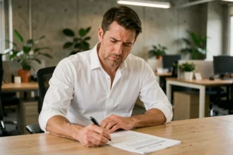 Homme consultant un contrat de portage salarial avec des annotations, assis dans un espace de co-working moderne