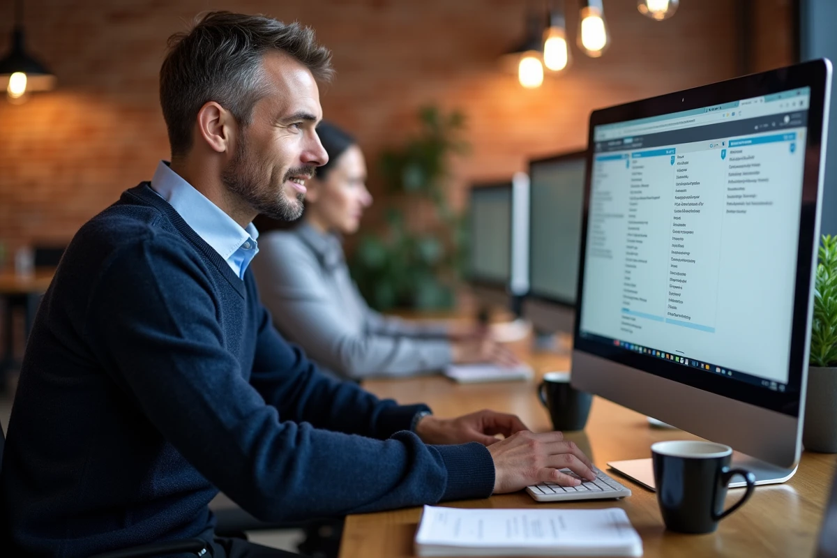 Homme consultant les critères métier sur un portail Pôle Emploi dans un espace de coworking