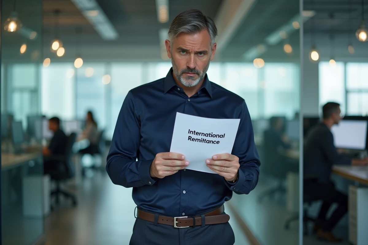 Homme d'affaires tenant un document de virement international dans un espace de coworking, illustrant la complexité des intermédiaires financiers transfrontaliers