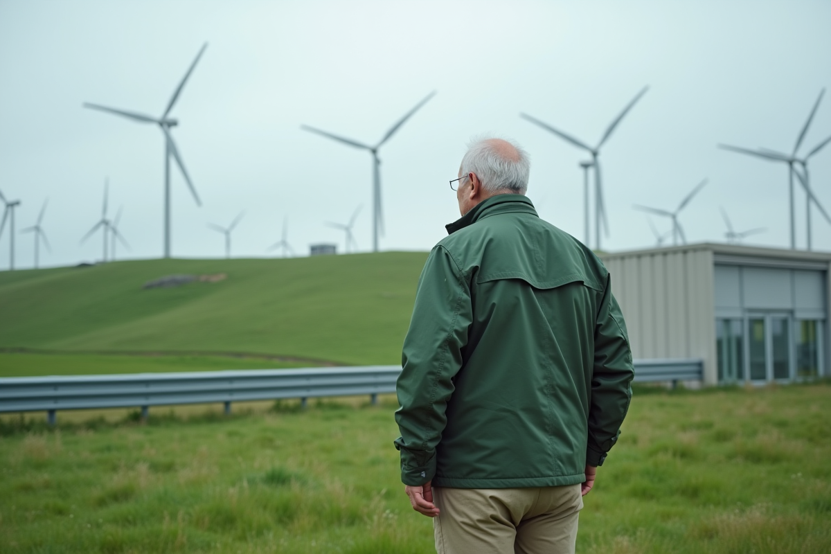Homme irlandais observant des éoliennes dans la campagne
