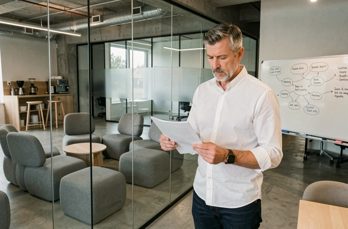 Homme professionnel debout dans un espace de coworking ouvert à Aix avec cloisons en verre et station café