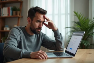 Homme frustré devant son ordinateur portable face à une erreur de connexion sur son compte en ligne