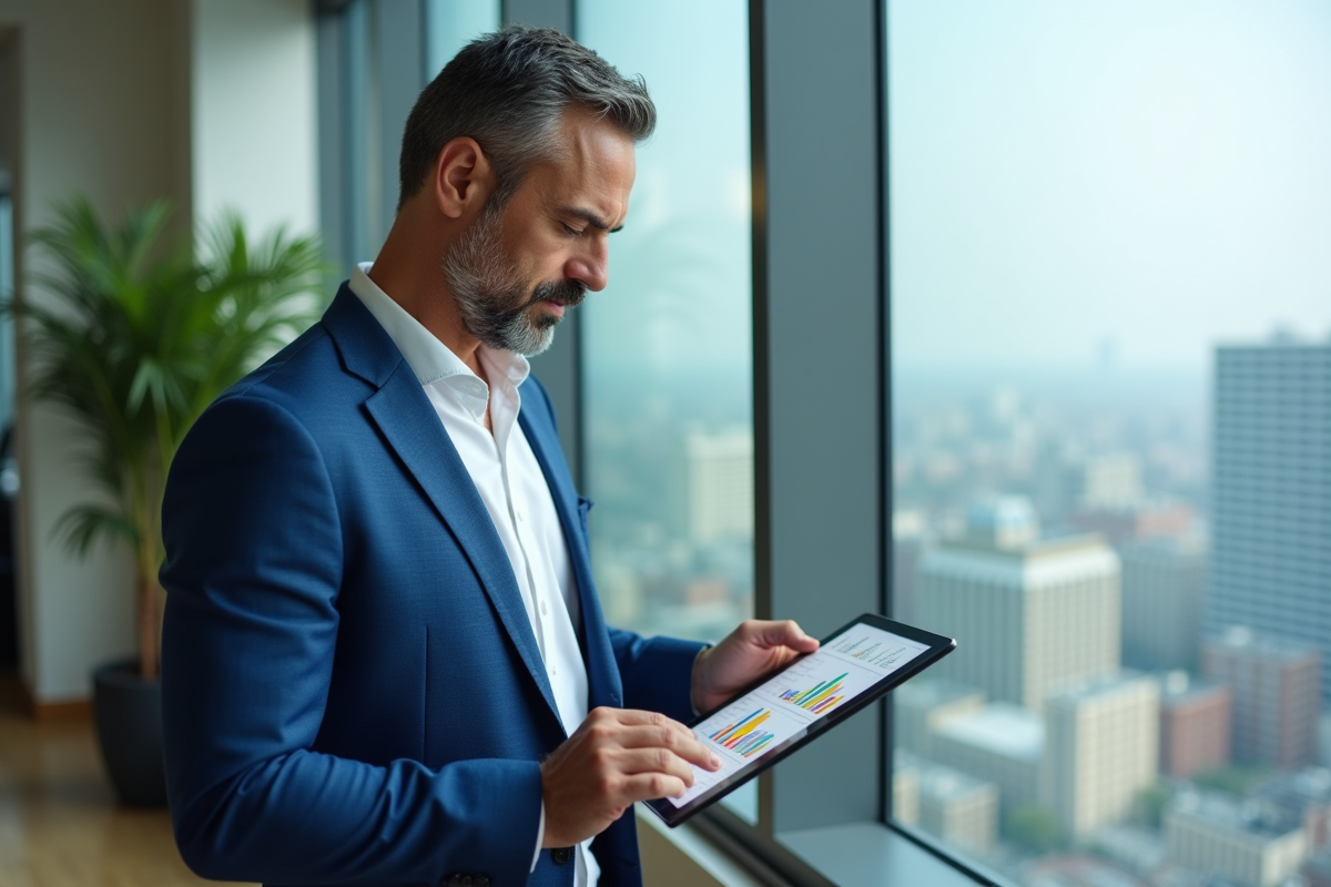 Homme en costume analysant des graphiques marketing