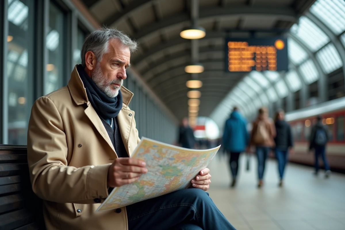 Homme avec trench et carte dans la gare