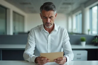 Homme en chemise blanche tenant une enveloppe de licenciement dans un bureau vide, expression inquiète face au risque de renvoi