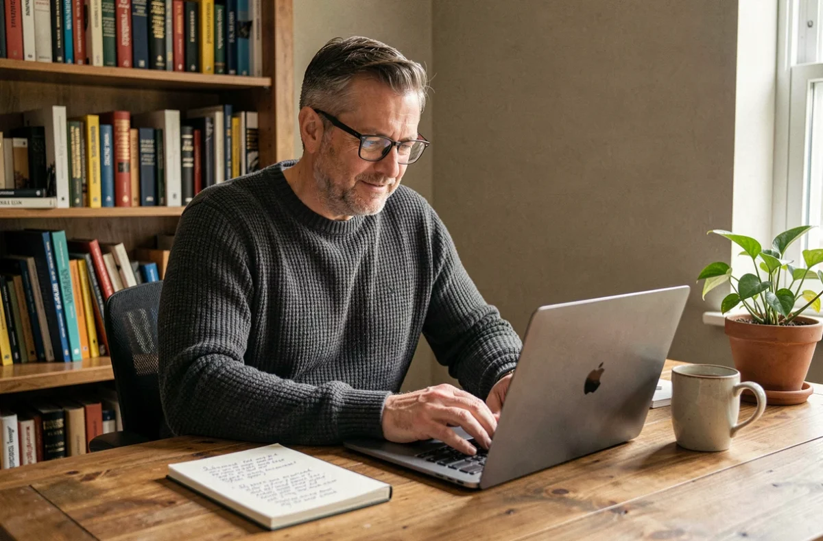 Homme consultant une liste de marques sur ordinateur portable pour faire des achats intelligents depuis son bureau à domicile