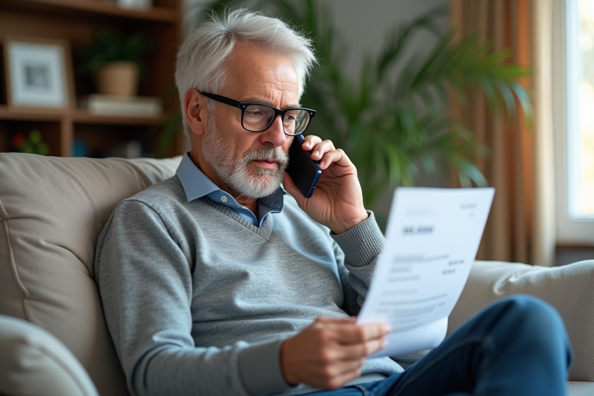 Homme âgé vérifiant une facture dans un salon lumineux