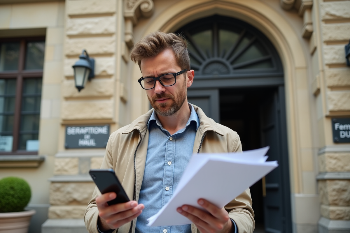 Homme regardant son smartphone devant une mairie en pierre