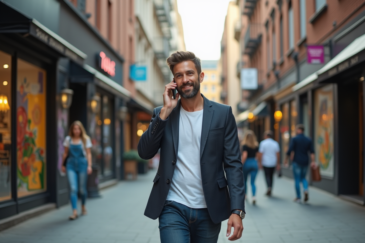 Jeune homme marchant dans la ville en parlant au téléphone