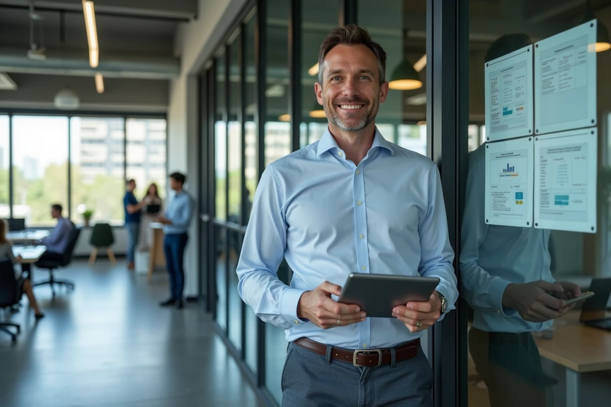 Homme d affaires avec tablette dans un espace de travail moderne