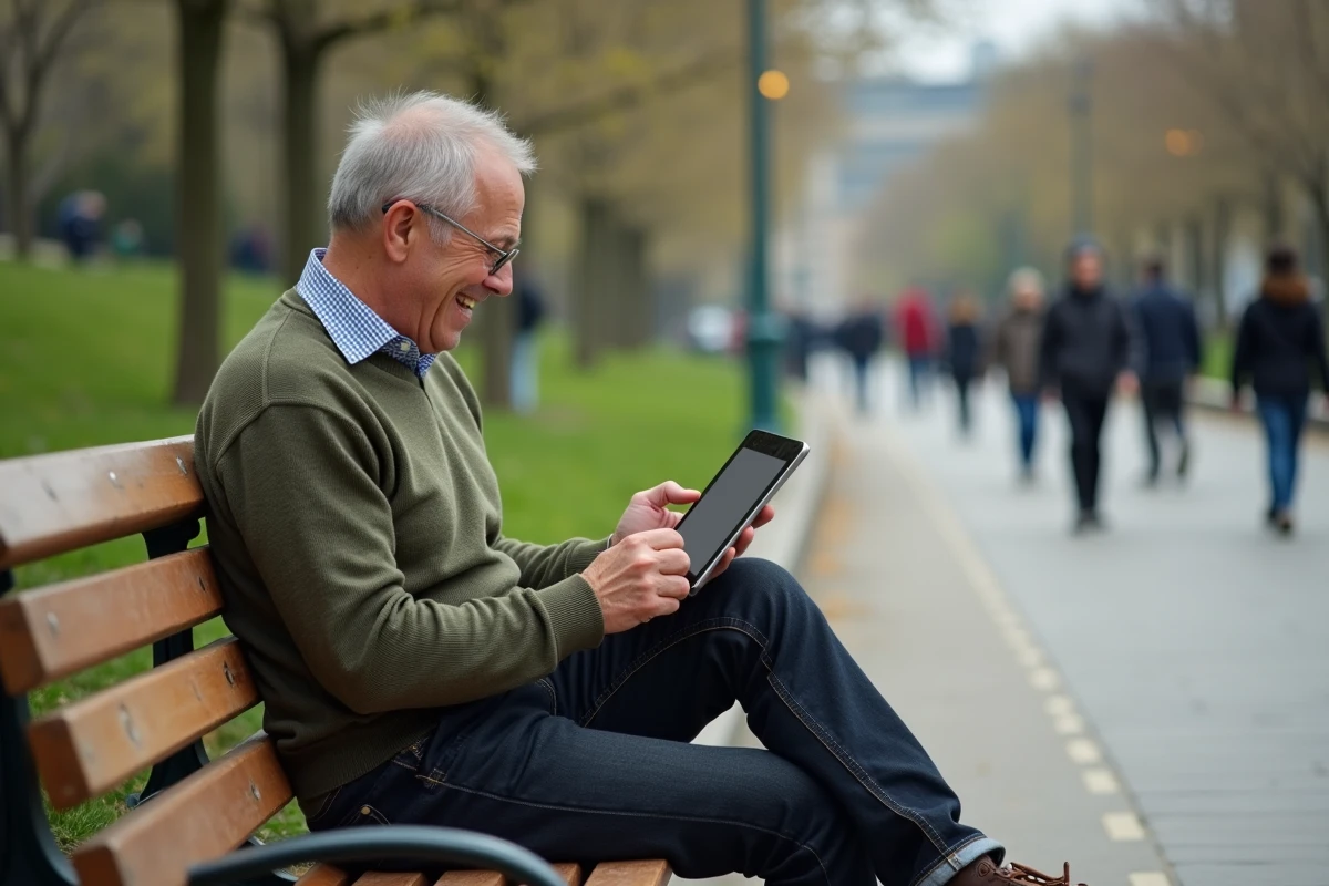 Homme lisant une tablette sur un banc de parc en ville
