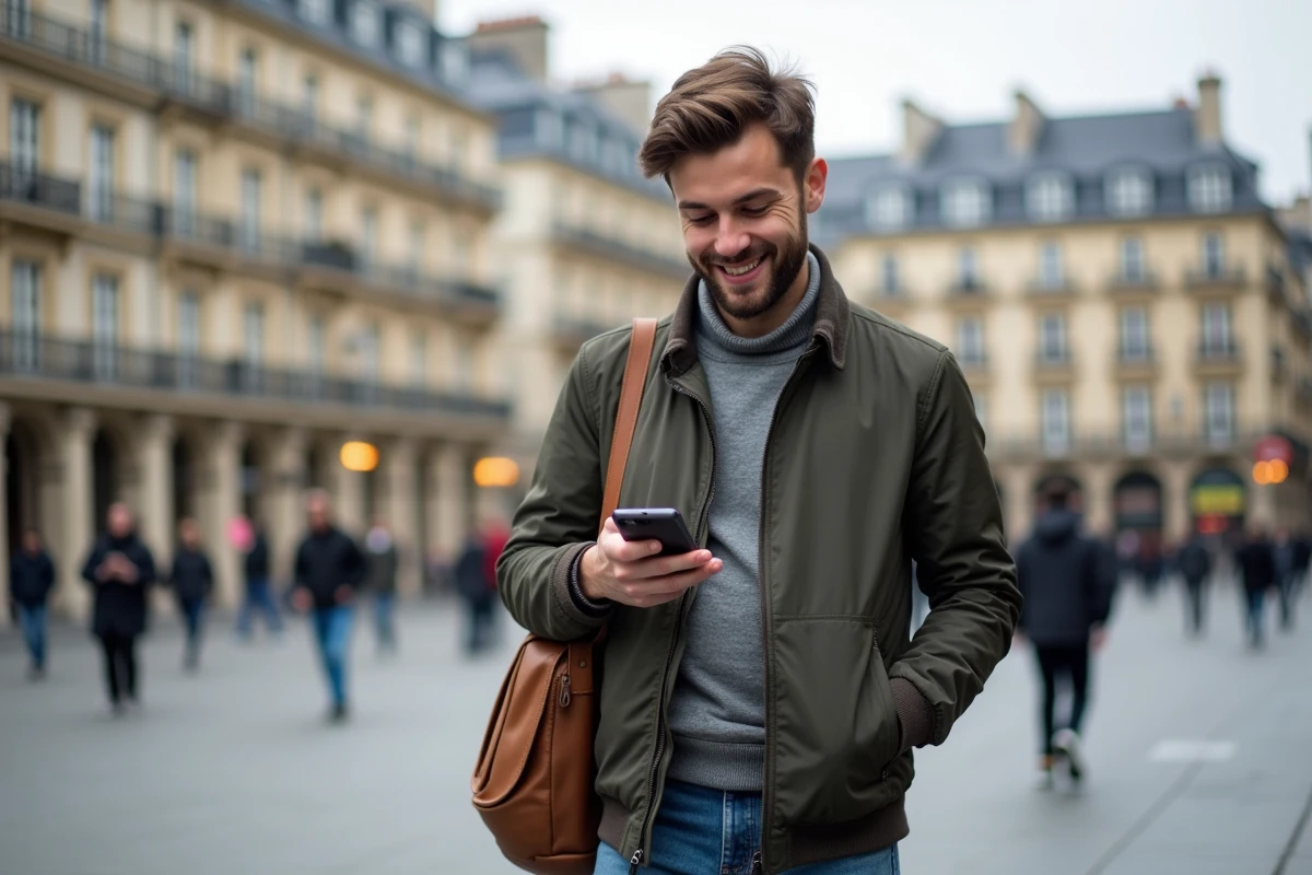 Homme dans une rue parisienne regardant son smartphone