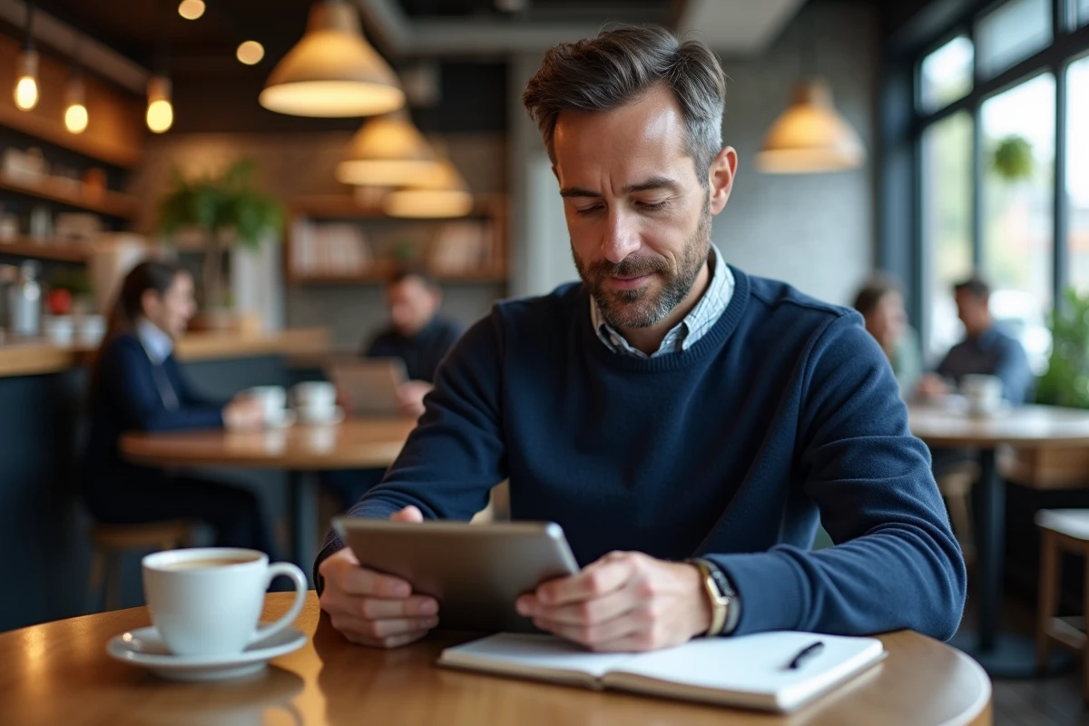 Homme recherchant dans un café avec tablette et carnet