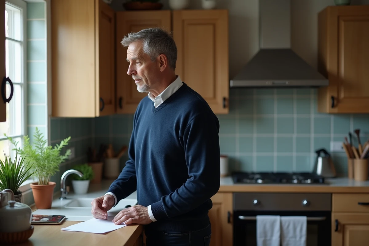 Homme contemplatif dans une cuisine avec lettre sur le plan de travail