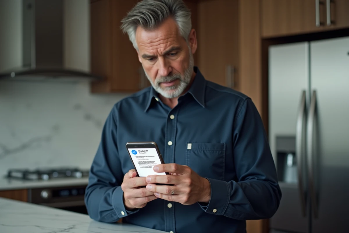 Homme consultant son téléphone pour réinitialiser son mot de passe oublié sur MyPeopleDoc