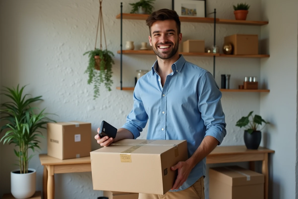 Jeune homme dans un bureau à domicile scannant un colis avec un lecteur