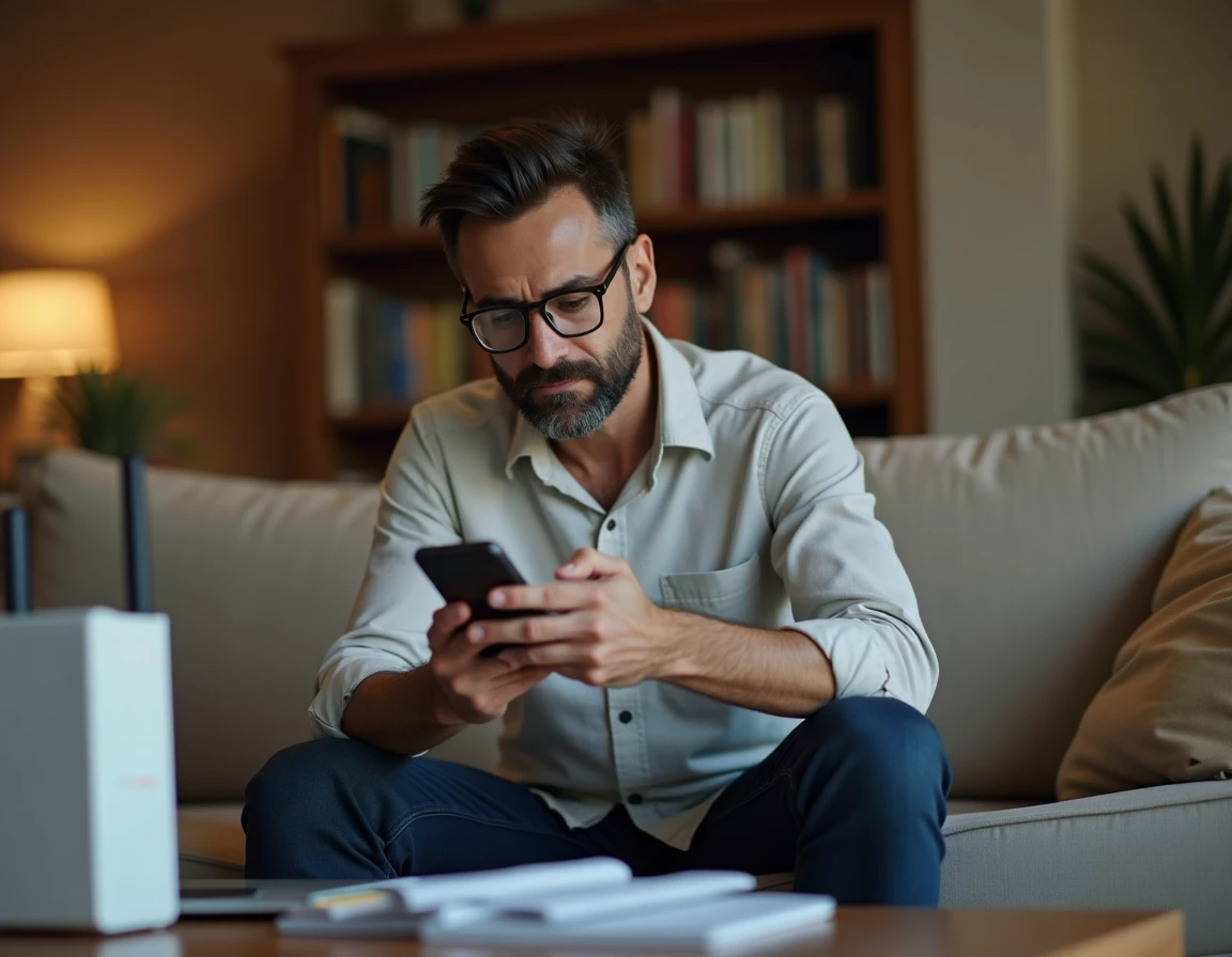 Homme consultant le service client France Télécom sur son smartphone depuis son salon avec un routeur Wi-Fi en arrière-plan