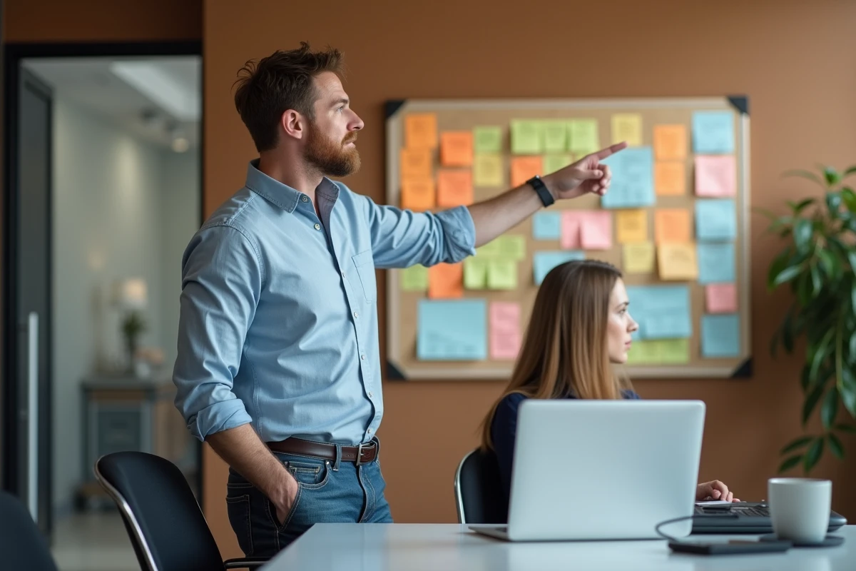 Homme pointant un flowchart lors d