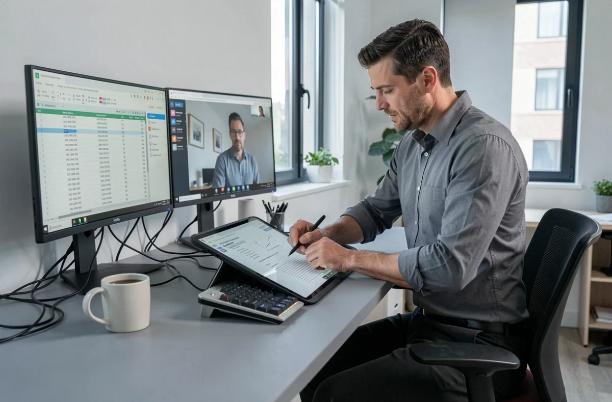 Homme en télétravail debout à son bureau avec double écran et tablette numérique dans un espace de travail moderne