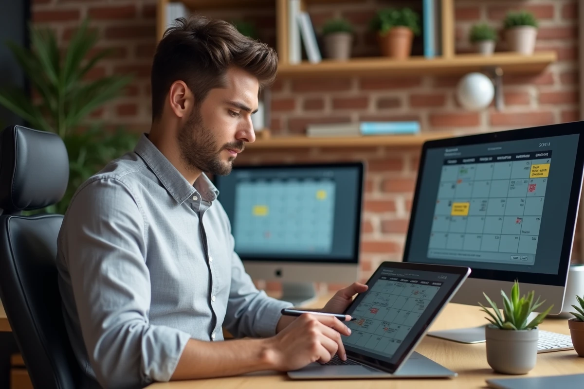 Homme en télétravail consultant un tableau récapitulatif des jours ouvrés 2026 sur une tablette dans un bureau à domicile