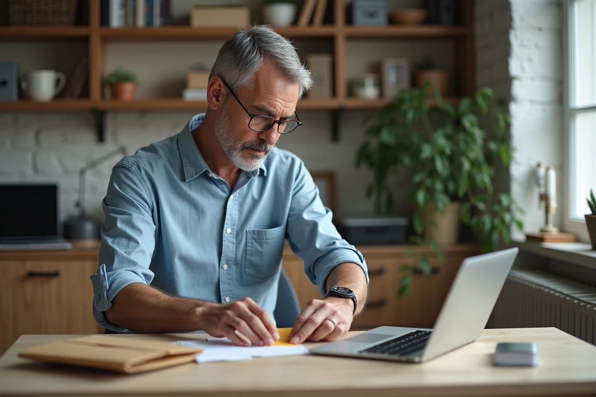 Homme en chemise place echantillons dans des enveloppes de bureau