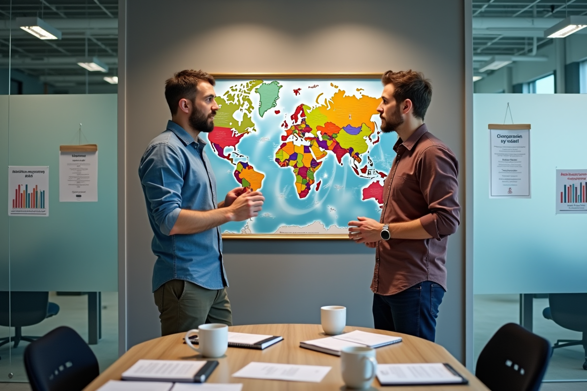 Deux hommes discutant devant une carte du monde dans un bureau