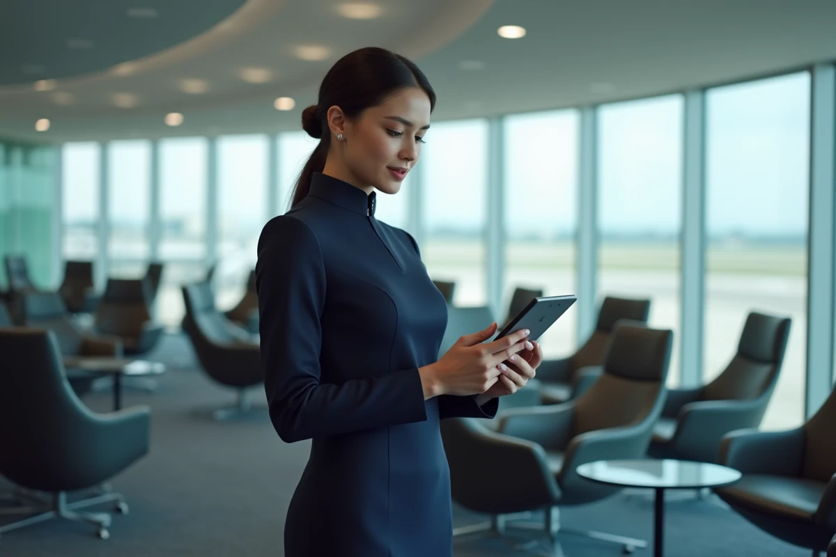 Hôtesse de l'air en uniforme navy utilisant une tablette dans un salon d'aéroport
