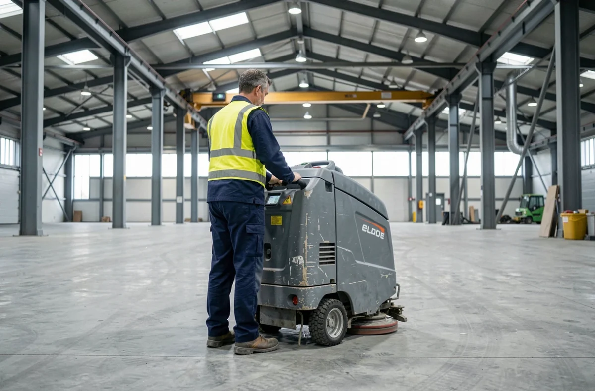 Technicien d'Hygiène Pro Services utilisant une autolaveuse dans un entrepôt industriel du Pas-de-Calais