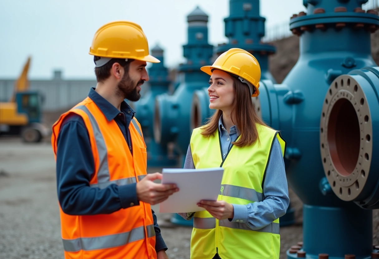Ingénieure en sécurité consulte un collègue sur un site de construction hydraulique