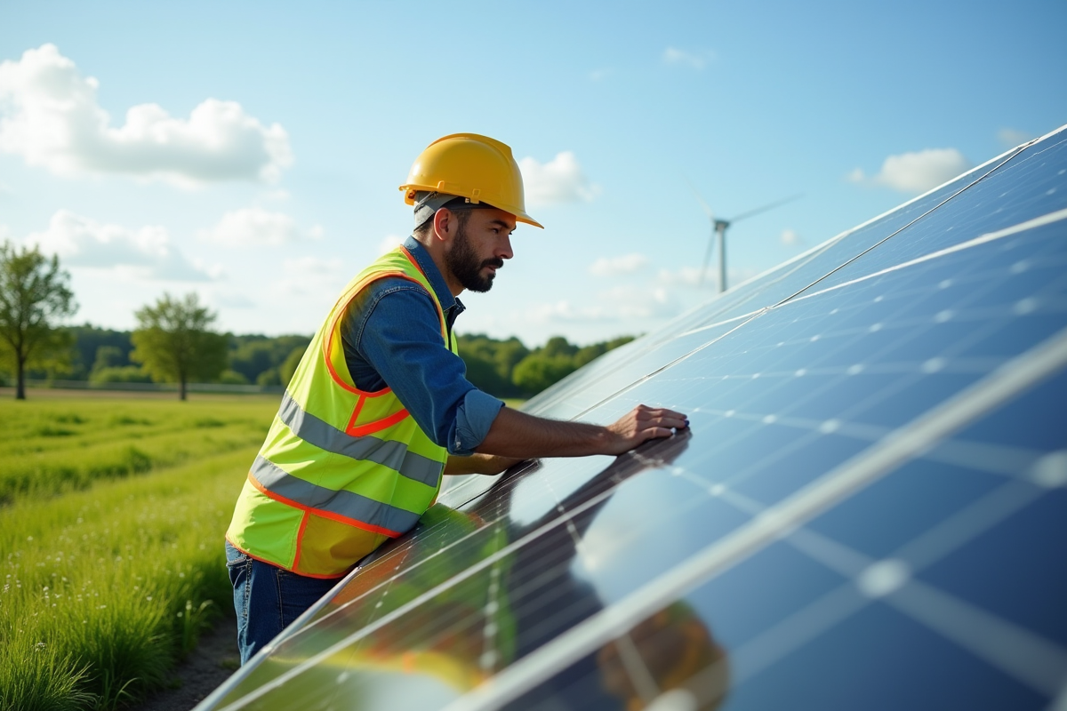 Ingénieur inspectant des panneaux solaires en plein jour