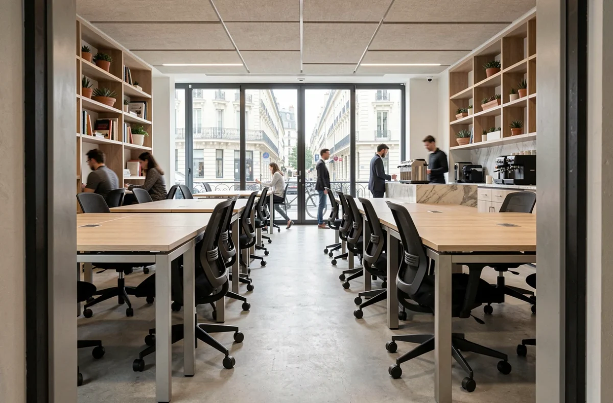 Vue intérieure panoramique d'un espace de coworking moderne à Levallois-Perret avec postes de travail ergonomiques et grandes fenêtres