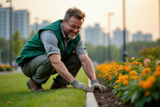 Homme d'entretien de parc en tenue de travail taillant des fleurs