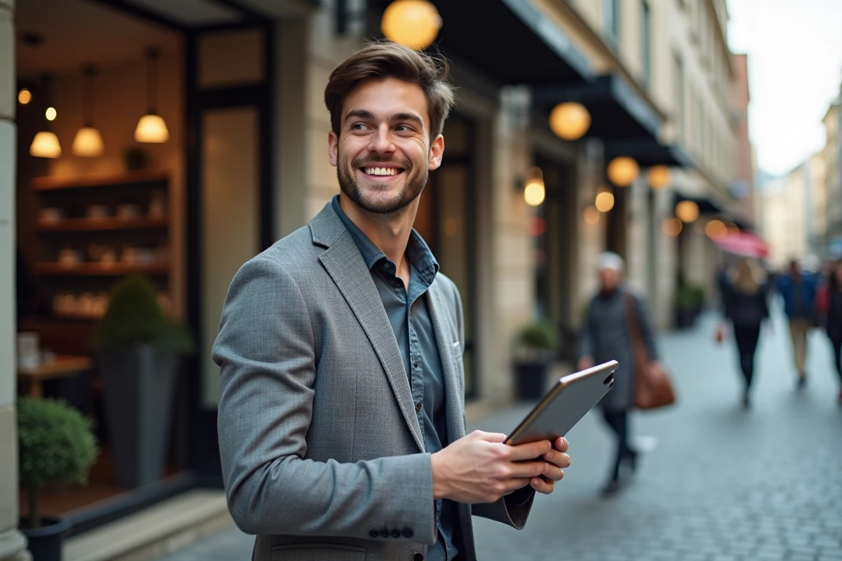 Jeune entrepreneur dans un café urbain avec documents et tablette