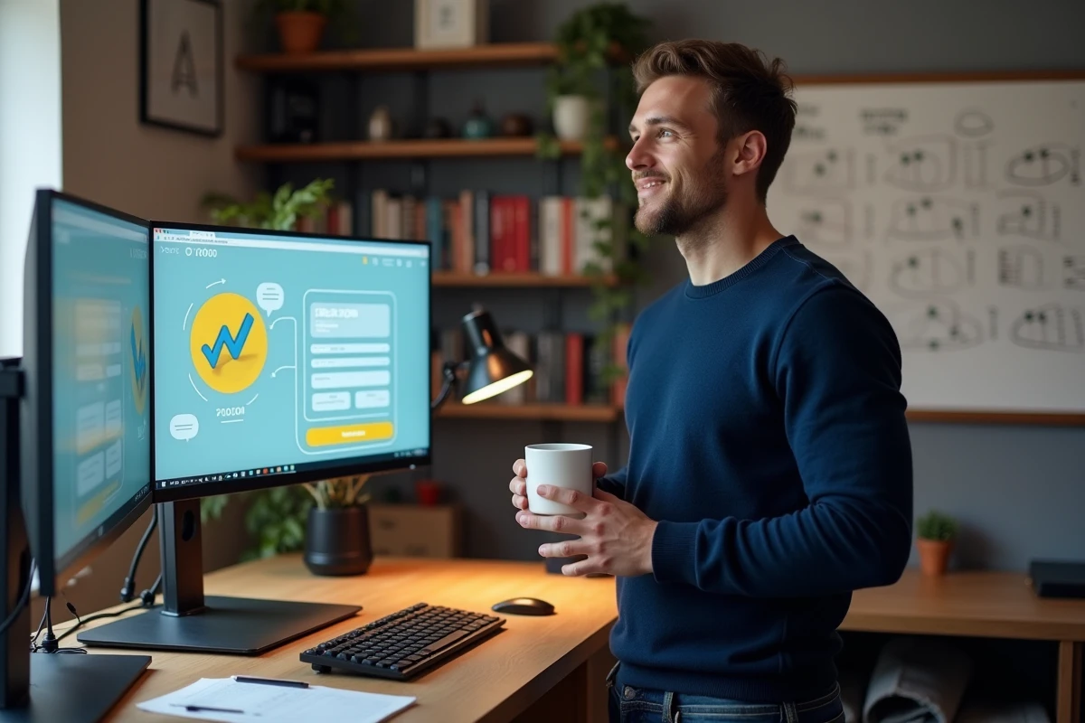 Jeune entrepreneur recherchant des aides et subventions pour créer son entreprise en 2026 depuis son bureau à domicile