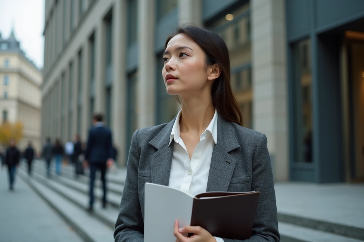 Jeune entrepreneure debout devant un bâtiment urbain