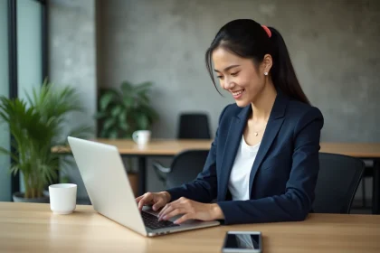 Jeune femme en blazer analysant des données en bureau moderne