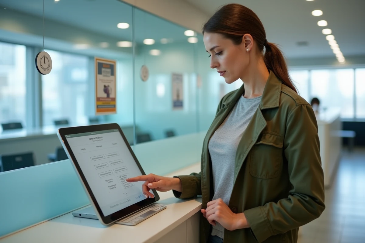 Jeune femme configurant ses critères professionnels sur une borne Pôle Emploi en agence