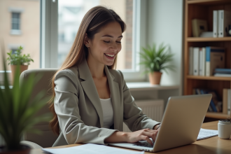 Jeune femme professionnelle souriante travaillant sur son ordinateur dans un bureau cosy